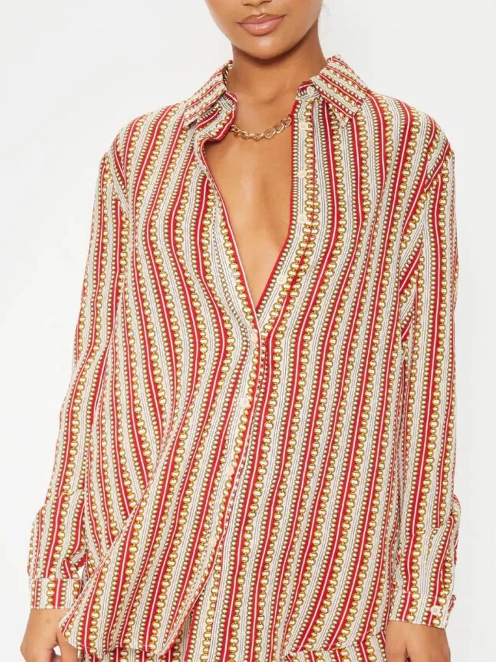Striped Red & Gold Chain print Button-Front Blouse